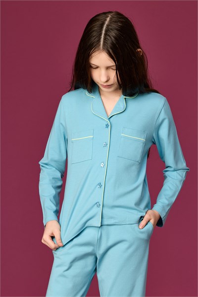 Buz Mavisi Biyeli Pamuklu Kız Çocuk Pijama
