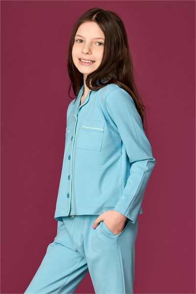 Buz Mavisi Biyeli Pamuklu Kız Çocuk Pijama