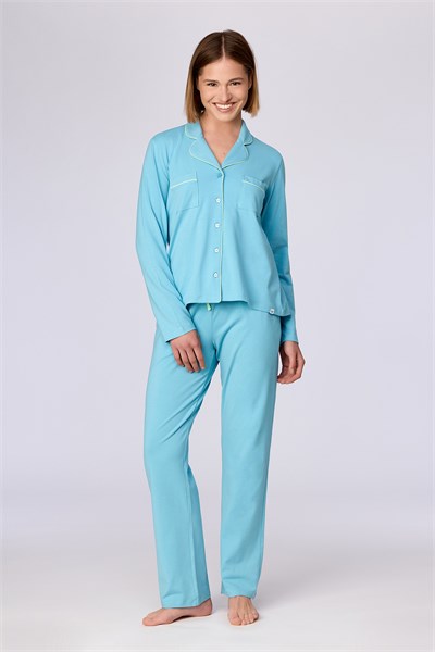 Buz Mavisi Biyeli Pamuklu Pijama