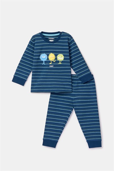 Canavar Baskı Lacivert Çizgili Erkek Bebek Pijama
