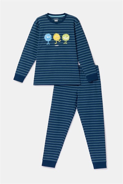 Canavar Baskı Lacivert Çizgili Erkek Çocuk Pijama