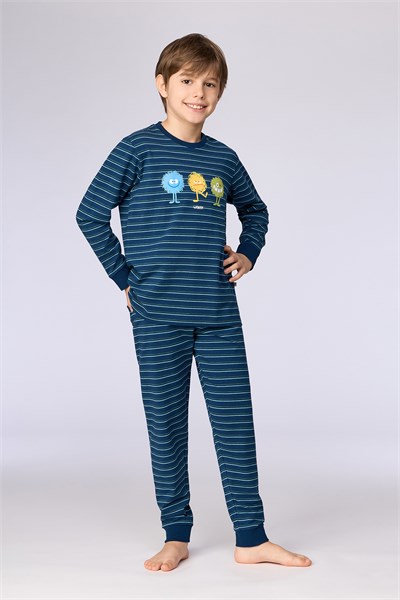 Canavar Baskı Lacivert Çizgili Erkek Çocuk Pijama