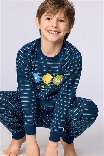 Canavar Baskı Lacivert Çizgili Erkek Çocuk Pijama