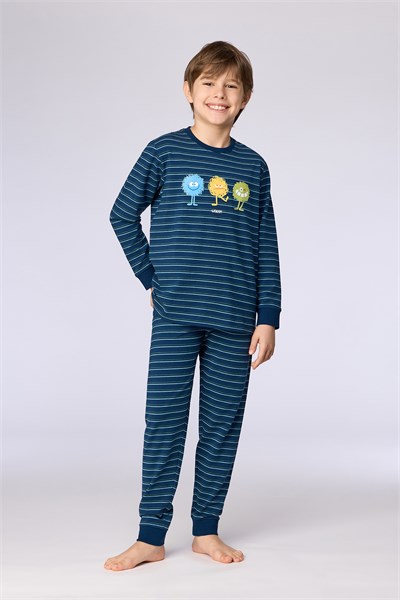 Canavar Baskı Lacivert Çizgili Erkek Çocuk Pijama