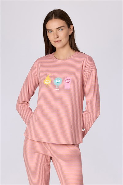 Çizgili Canavar Baskılı Kadın Pijama