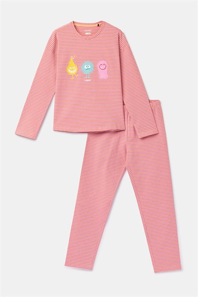 Çizgili Canavar Baskılı Kız Çocuk Pijama