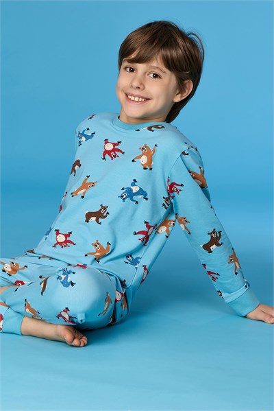 Hayvan Baskılı Mavi Erkek Çocuk Pijama