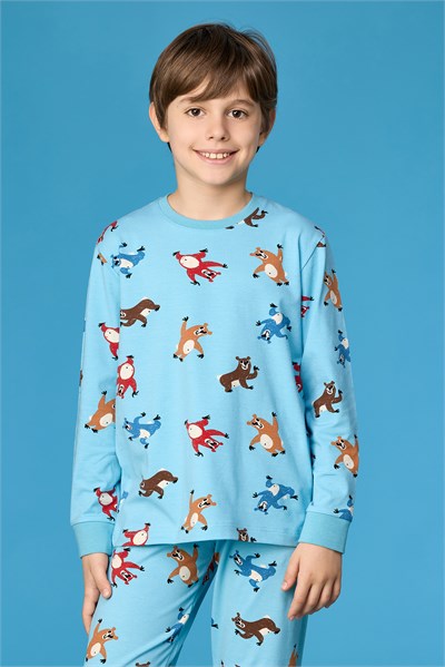 Hayvan Baskılı Mavi Erkek Çocuk Pijama