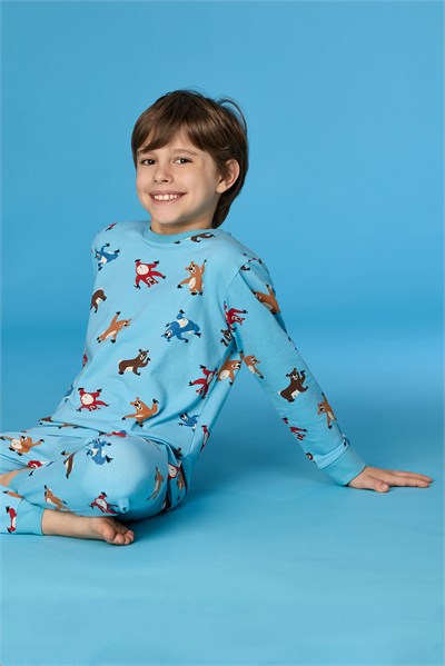 Hayvan Baskılı Mavi Erkek Çocuk Pijama