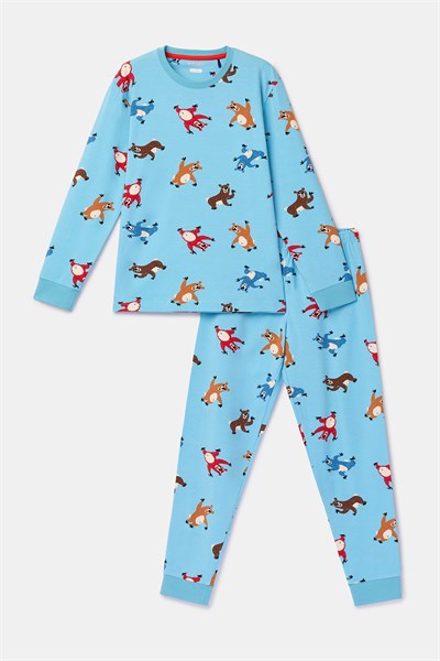 Hayvan Baskılı Mavi Erkek Çocuk Pijama