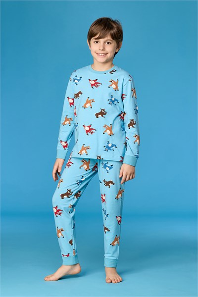 Hayvan Baskılı Mavi Erkek Çocuk Pijama