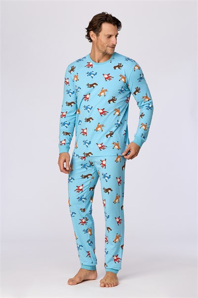 Hayvan Baskılı Mavi Erkek Pijama