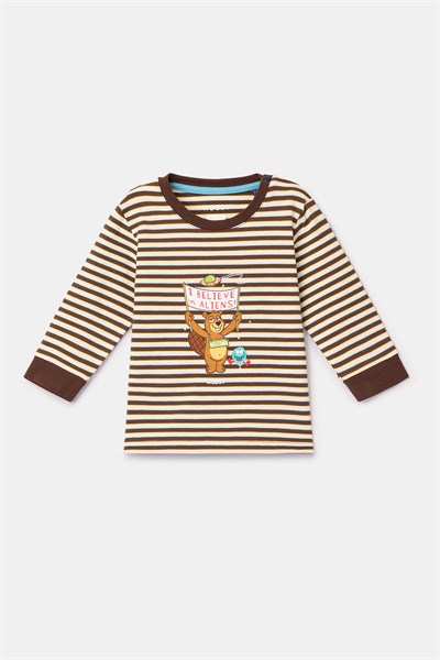 Kahverengi Çizgili Uzay Baskılı Erkek Bebek Pijama
