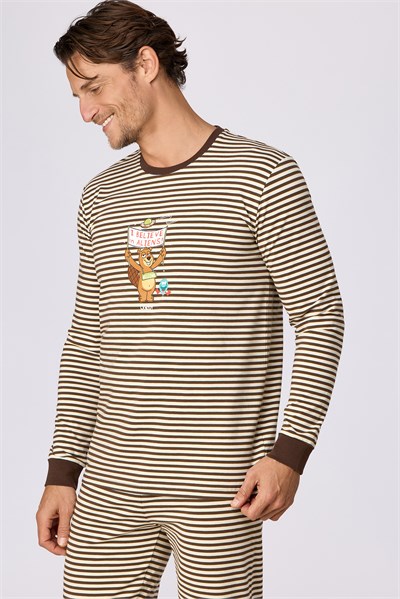 Kahverengi Çizgili Uzay Baskılı Erkek Pijama