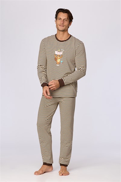 Kahverengi Çizgili Uzay Baskılı Erkek Pijama