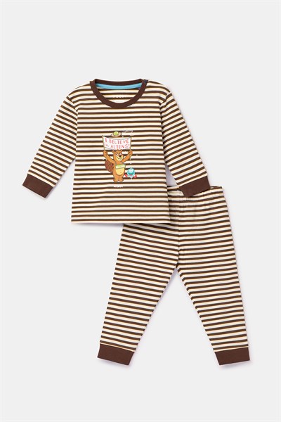 Kahverengi Çizgili Uzay Baskılı Erkek Bebek Pijama