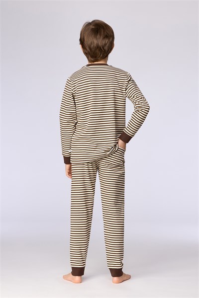 Kahverengi Ekru Çizgili Uzay Baskılı Erkek Çocuk Pijama