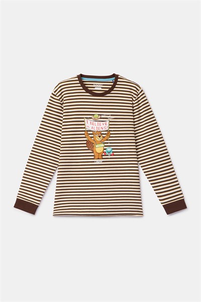Kahverengi Ekru Çizgili Uzay Baskılı Erkek Çocuk Pijama