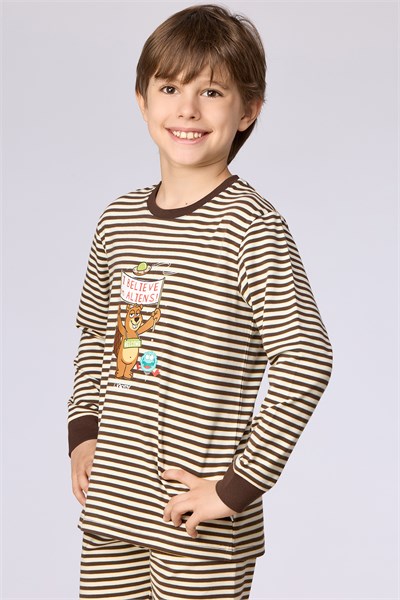 Kahverengi Ekru Çizgili Uzay Baskılı Erkek Çocuk Pijama