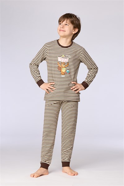 Kahverengi Ekru Çizgili Uzay Baskılı Erkek Çocuk Pijama