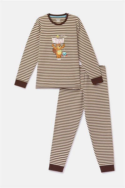 Kahverengi Ekru Çizgili Uzay Baskılı Erkek Çocuk Pijama