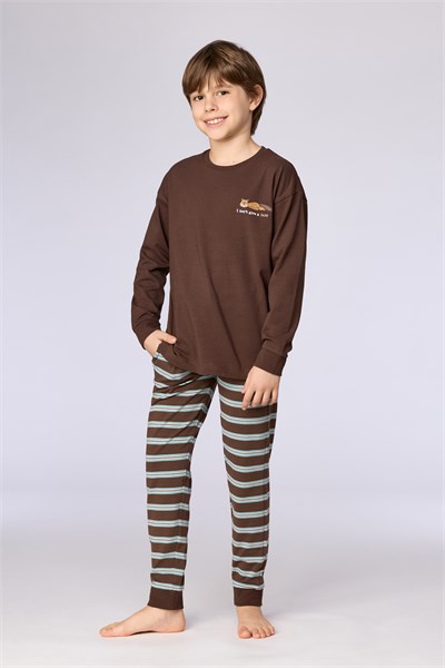 Kahverengi Uzun Kollu Pamuklu Erkek Çocuk Pijama