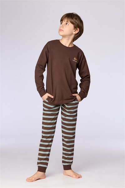Kahverengi Uzun Kollu Pamuklu Erkek Çocuk Pijama