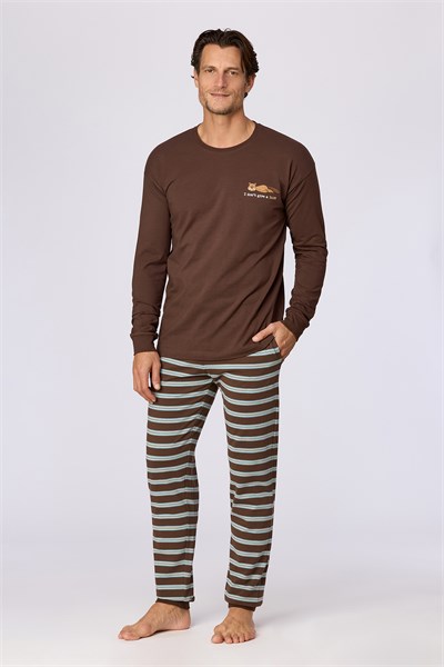 Kahverengi Uzun Kollu Pamuklu Erkek Pijama