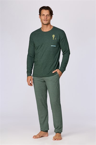 Koyu Yeşil Uzun Kollu Pamuklu Erkek Pijama