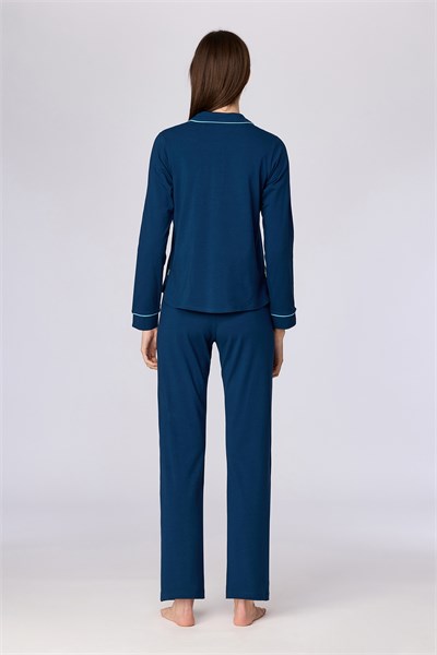Lacivert Biyeli Uzun Kollu Kadın Pijama