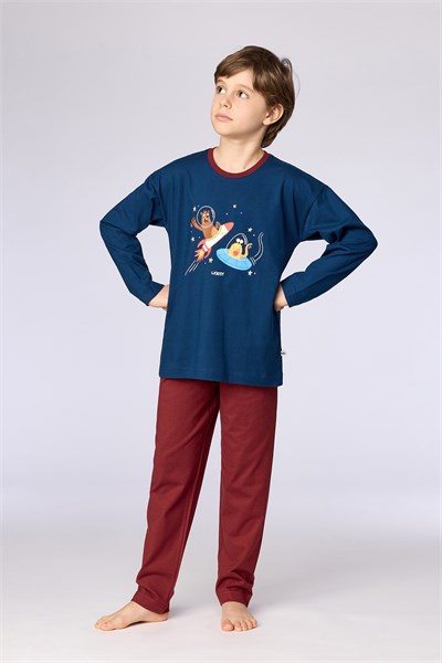Lacivert-Bordo Uzay Temalı Baskılı Erkek Çocuk Pijama Takımı