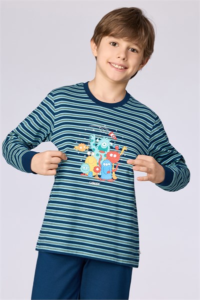 Lacivert Çizgili Baskılı Erkek Çocuk Pijama