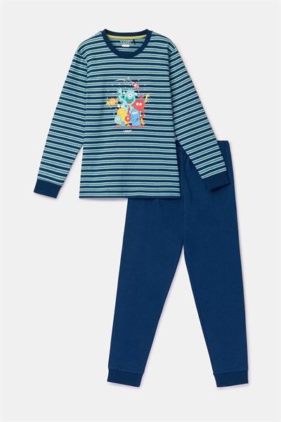 Lacivert Çizgili Baskılı Erkek Çocuk Pijama