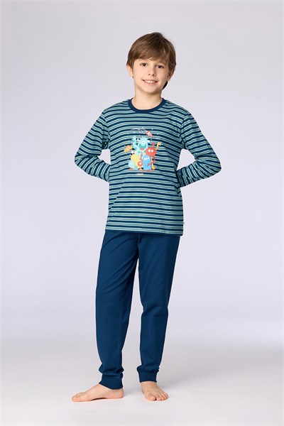 Lacivert Çizgili Baskılı Erkek Çocuk Pijama