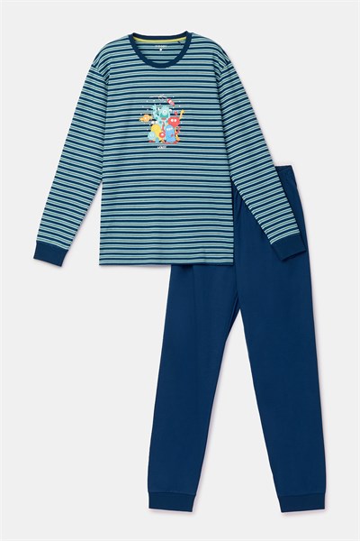 Lacivert Çizgili Baskılı Erkek Pijama