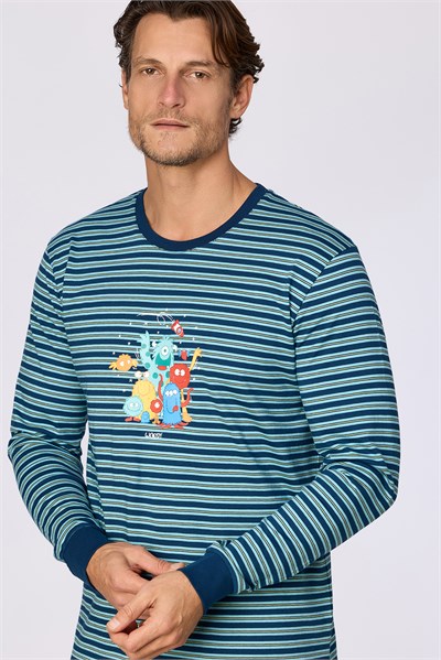 Lacivert Çizgili Baskılı Erkek Pijama