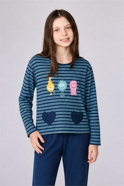 Lacivert Çizgili Kız Çocuk Pijama