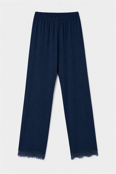 Lacivert Lyocell Dantelli Uzun Kollu Kadın Pijama