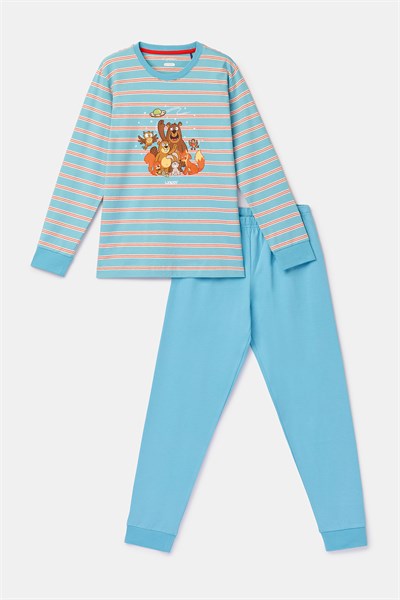 Mavi Çizgili Baskılı Erkek Çocuk Pijama