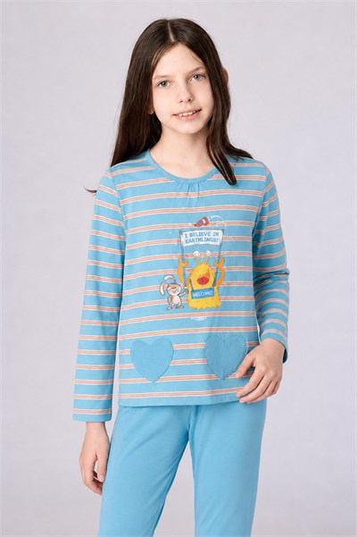 Mavi Çizgili Kız Çocuk Pijama