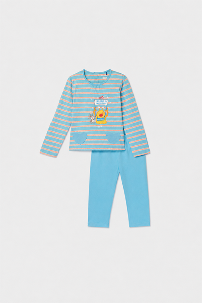 Mavi Çizgili Pamuklu Kız Bebek Pijama