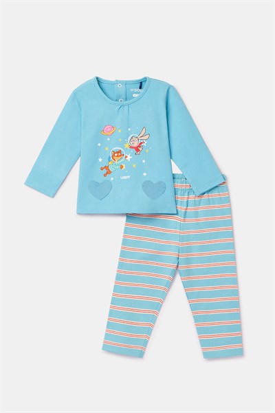 Mavi Pamuklu Kız Bebek Pijama