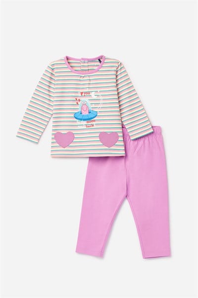 Pembe Çizgili Pamuklu Kız Bebek Pijama