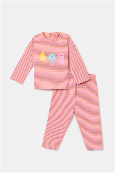 Pembe Çizgili Pamuklu Kız Bebek Pijama