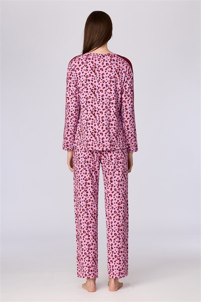 Pembe Leopar Desenli Bisiklet Yaka Uzun Kollu Kadın Pijama