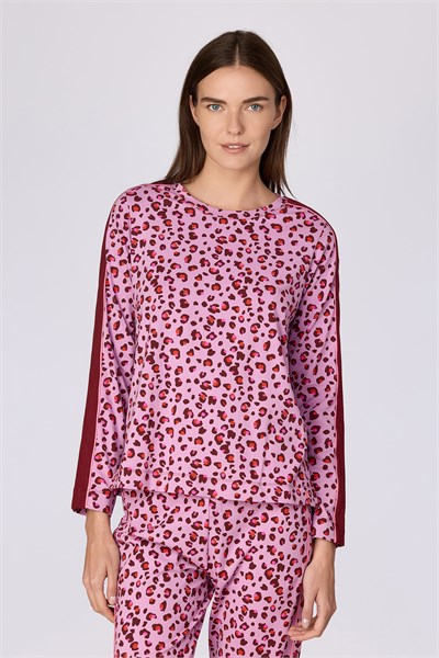 Pembe Leopar Desenli Bisiklet Yaka Uzun Kollu Kadın Pijama