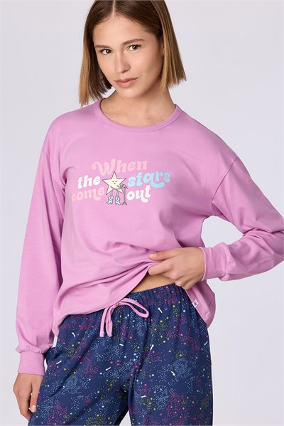 Pembe Uzun Kollu Pamuklu Kadın Pijama