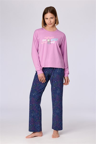 Pembe Uzun Kollu Pamuklu Kadın Pijama