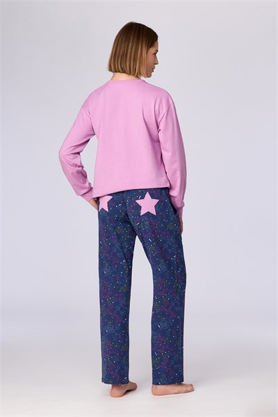 Pembe Uzun Kollu Pamuklu Kadın Pijama