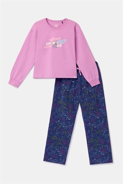 Pembe Uzun Kollu Pamuklu Kız Çocuk Pijama